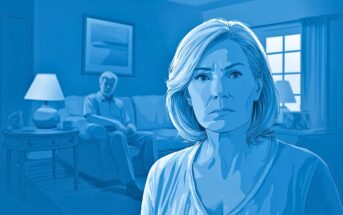 An illustration in blue tones shows a serious-looking older woman in the foreground, with an older man sitting on a sofa in the background of a softly lit living room.