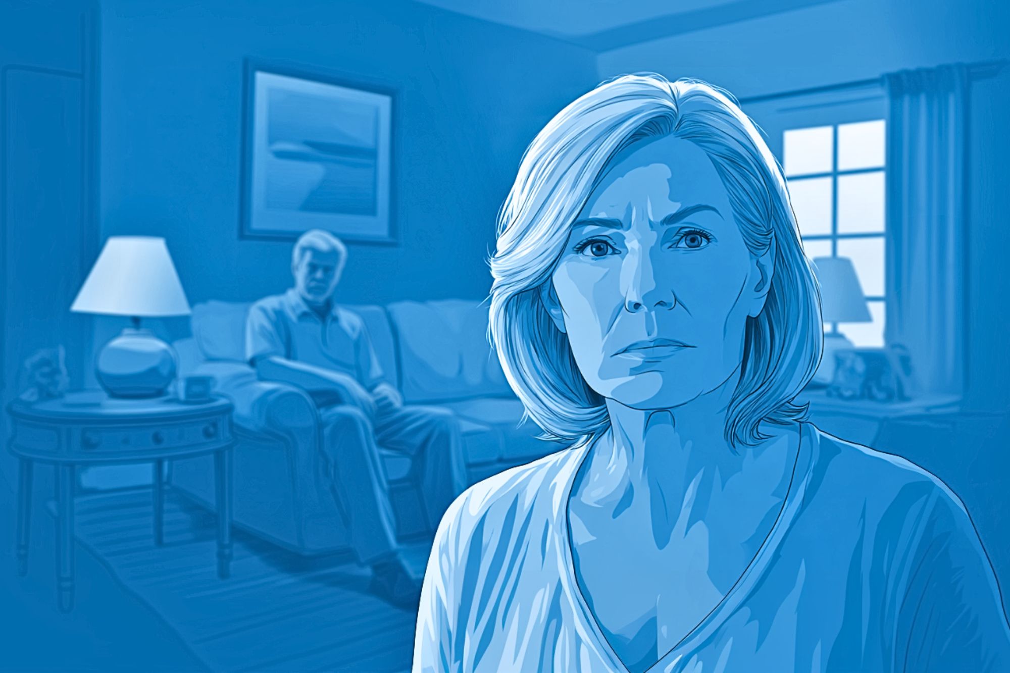An illustration in blue tones shows a serious-looking older woman in the foreground, with an older man sitting on a sofa in the background of a softly lit living room.