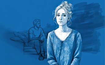 A sketch-style illustration shows a woman with a worried expression in the foreground, while a man sits on a couch in the background, both set against a blue-toned backdrop.