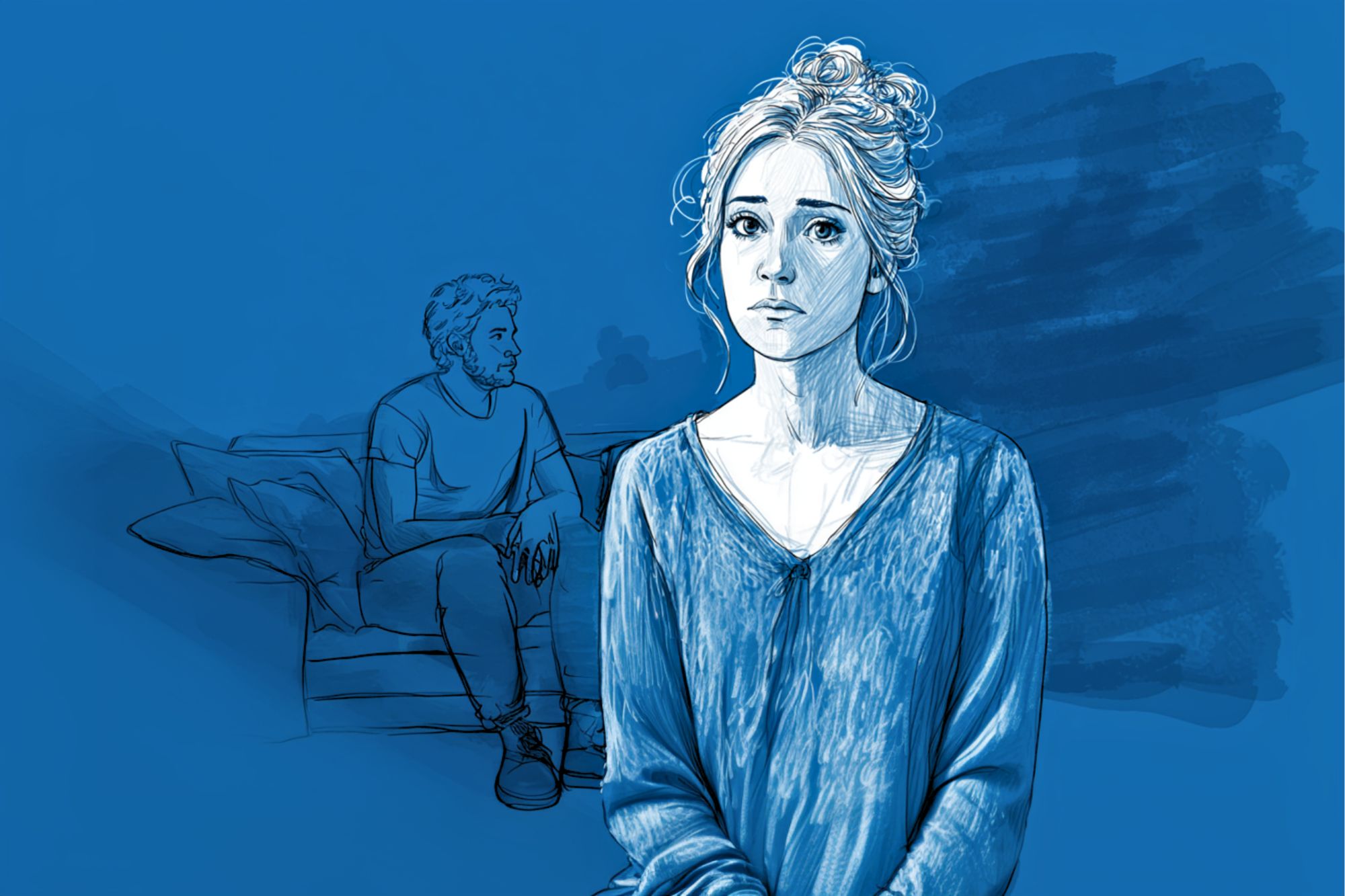 A sketch-style illustration shows a woman with a worried expression in the foreground, while a man sits on a couch in the background, both set against a blue-toned backdrop.