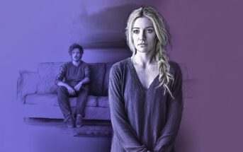 A woman stands in the foreground looking serious, while a man sits on a couch in the background. The image has a purple and blue gradient with a sketch-like, artistic style.