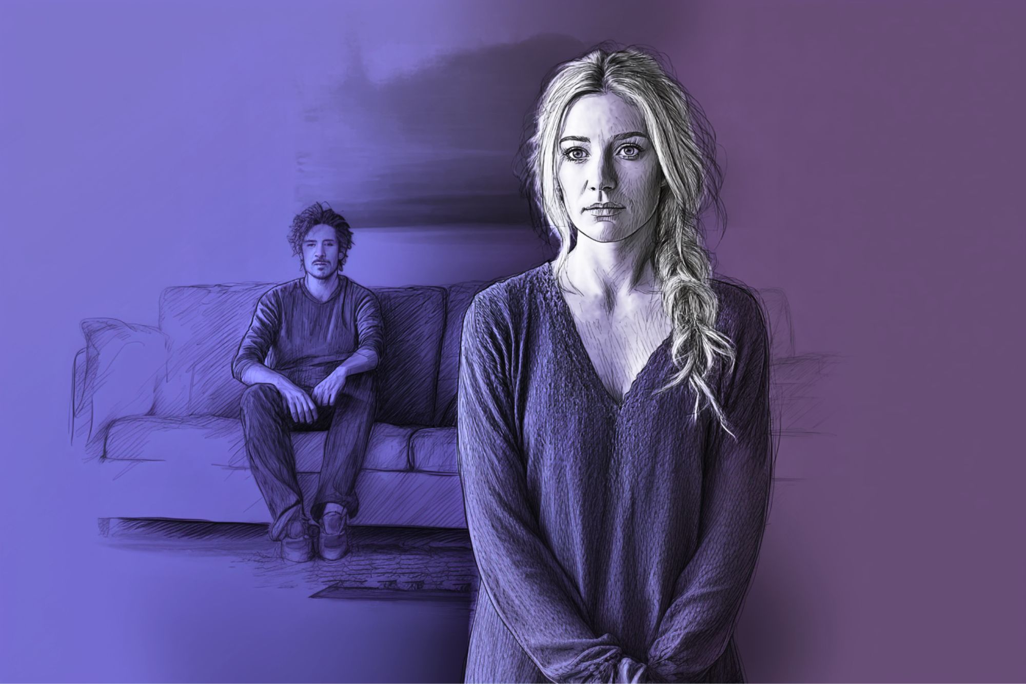A woman stands in the foreground looking serious, while a man sits on a couch in the background. The image has a purple and blue gradient with a sketch-like, artistic style.