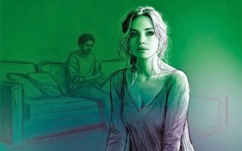 A sketch of a woman in the foreground looking forward, with a man sitting on a sofa in the background, all rendered in shades of green.