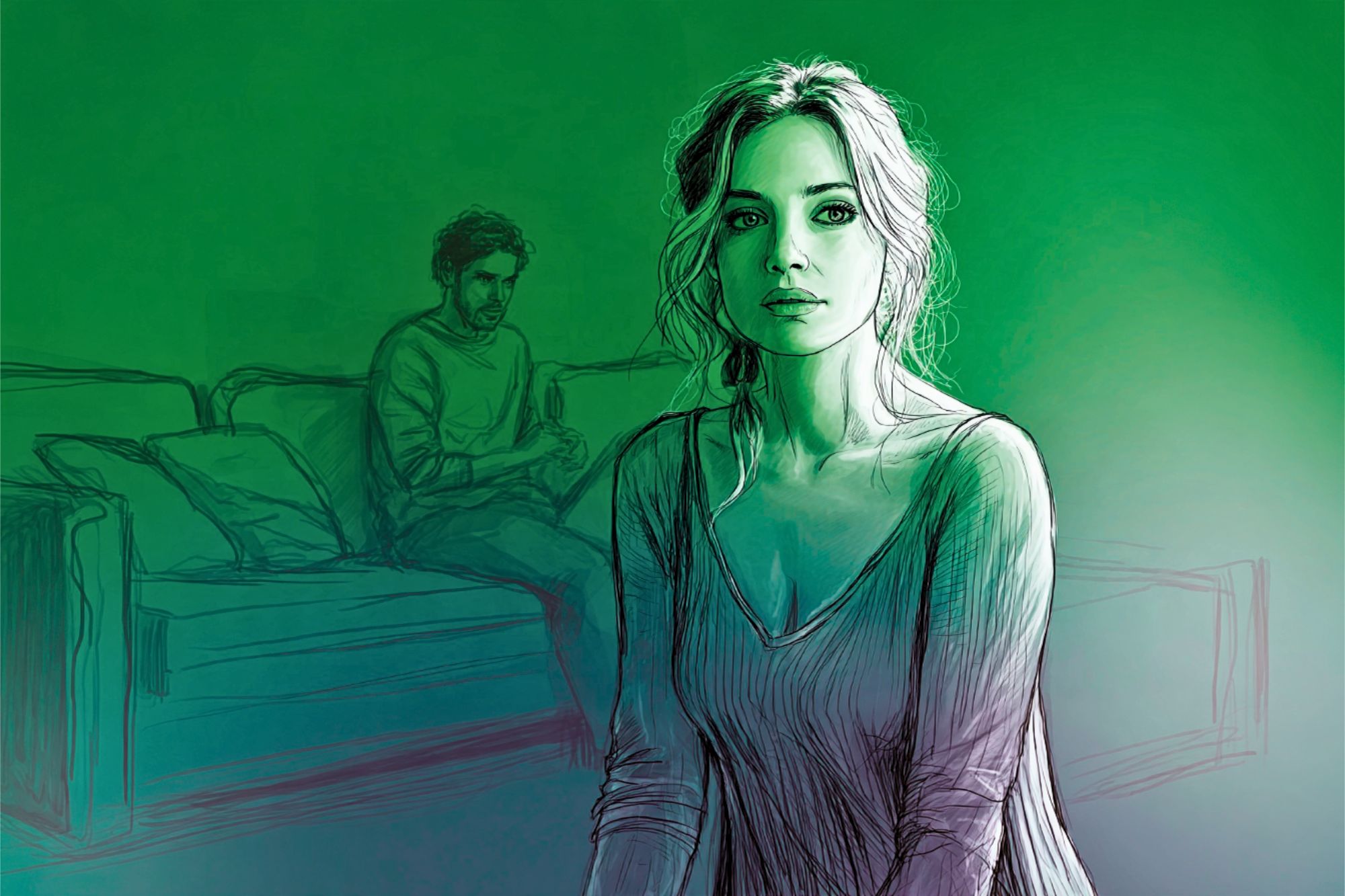 A sketch of a woman in the foreground looking forward, with a man sitting on a sofa in the background, all rendered in shades of green.