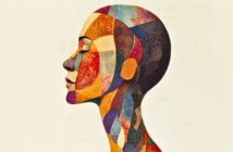 A side profile of a human face and head, illustrated with colorful, textured geometric shapes and patterns, set against a light background.