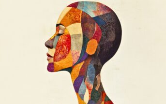 A side profile of a human face and head, illustrated with colorful, textured geometric shapes and patterns, set against a light background.