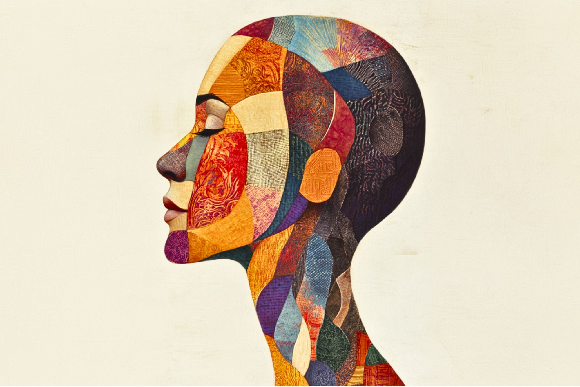 A side profile of a human face and head, illustrated with colorful, textured geometric shapes and patterns, set against a light background.