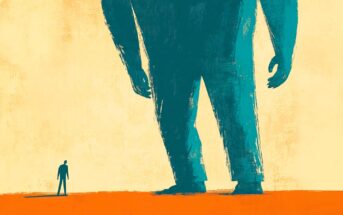 A small person stands facing a towering, oversized figure, both in blue, against a yellow and orange background, illustrating a confrontation or power imbalance.