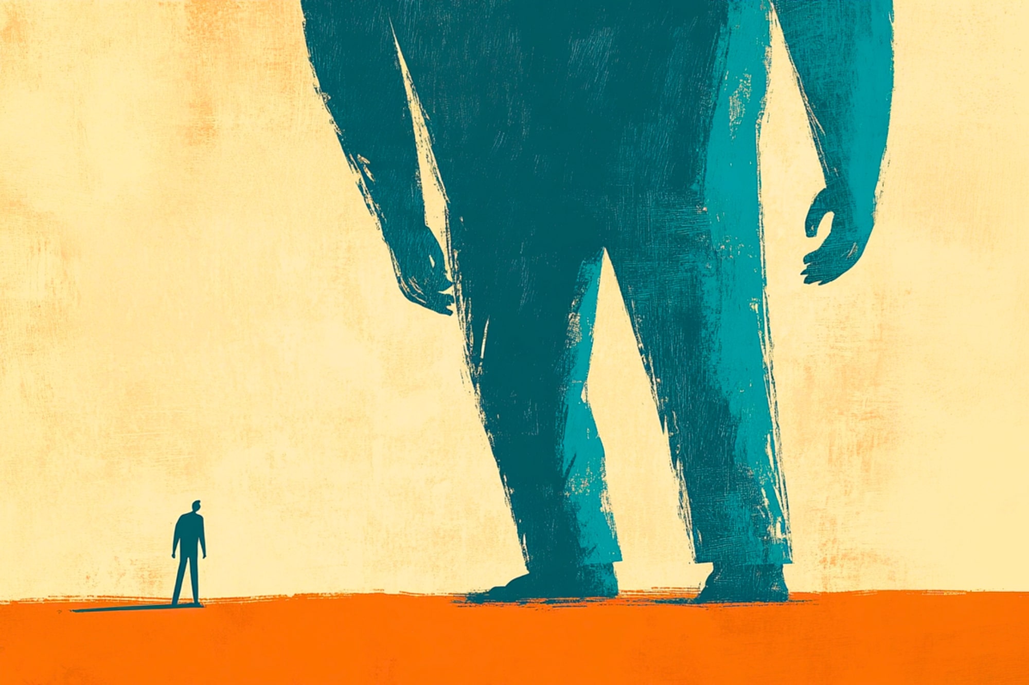 A small person stands facing a towering, oversized figure, both in blue, against a yellow and orange background, illustrating a confrontation or power imbalance.
