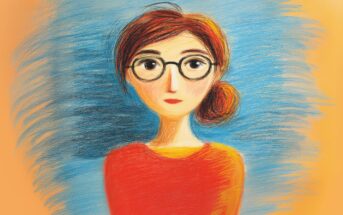 A colorful drawing of a woman with glasses, brown hair in a low bun, and wearing an orange top. The background is a mix of blue and orange sketchy strokes.