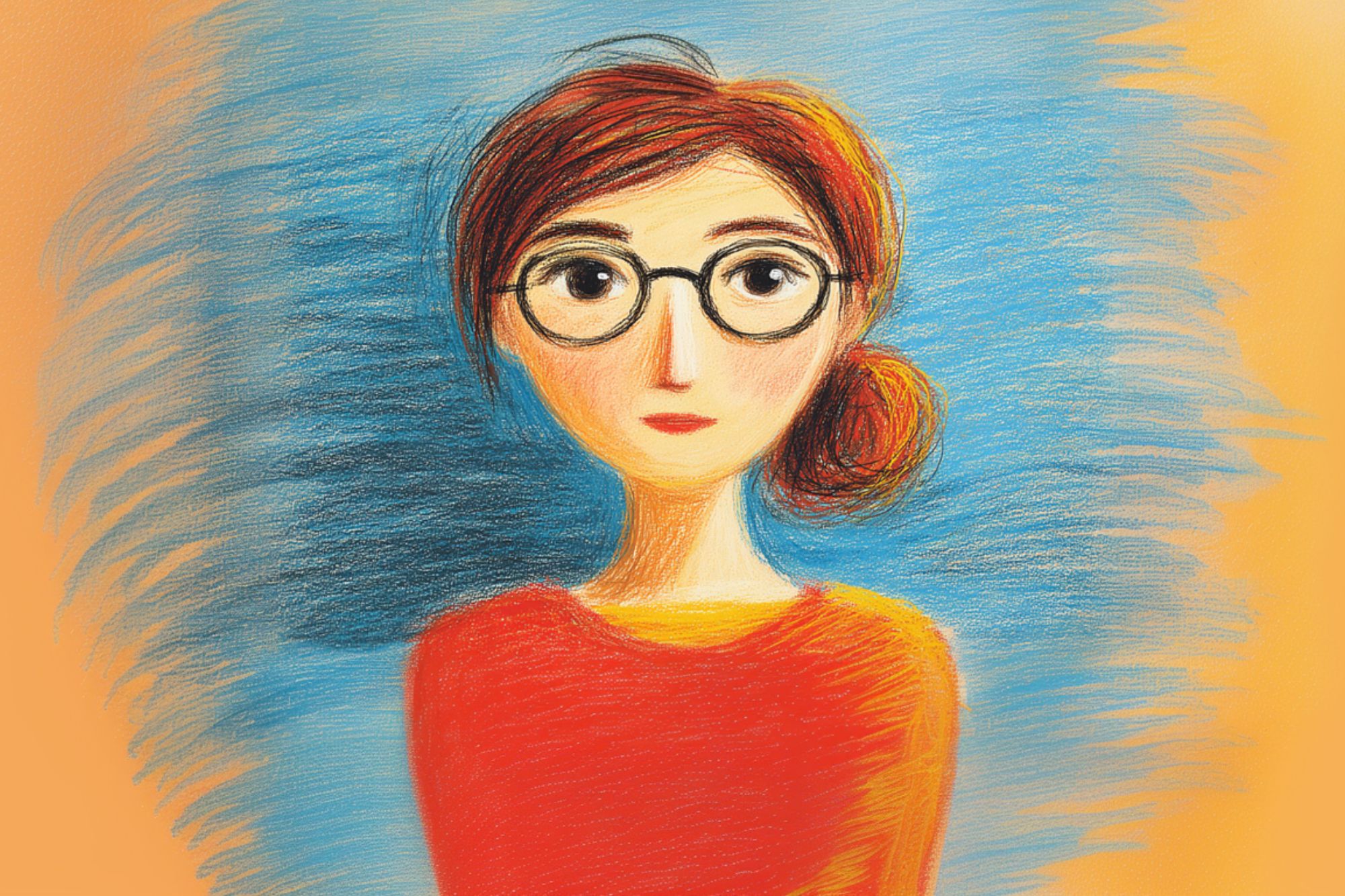 A colorful drawing of a woman with glasses, brown hair in a low bun, and wearing an orange top. The background is a mix of blue and orange sketchy strokes.