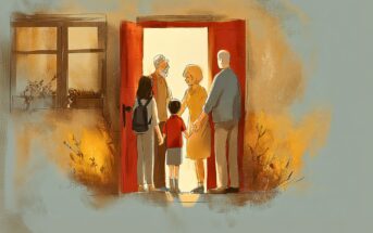 An illustration of two adults and two children standing in the warm glow of an open doorway, greeting an older couple inside a house. The scene feels welcoming and filled with light.