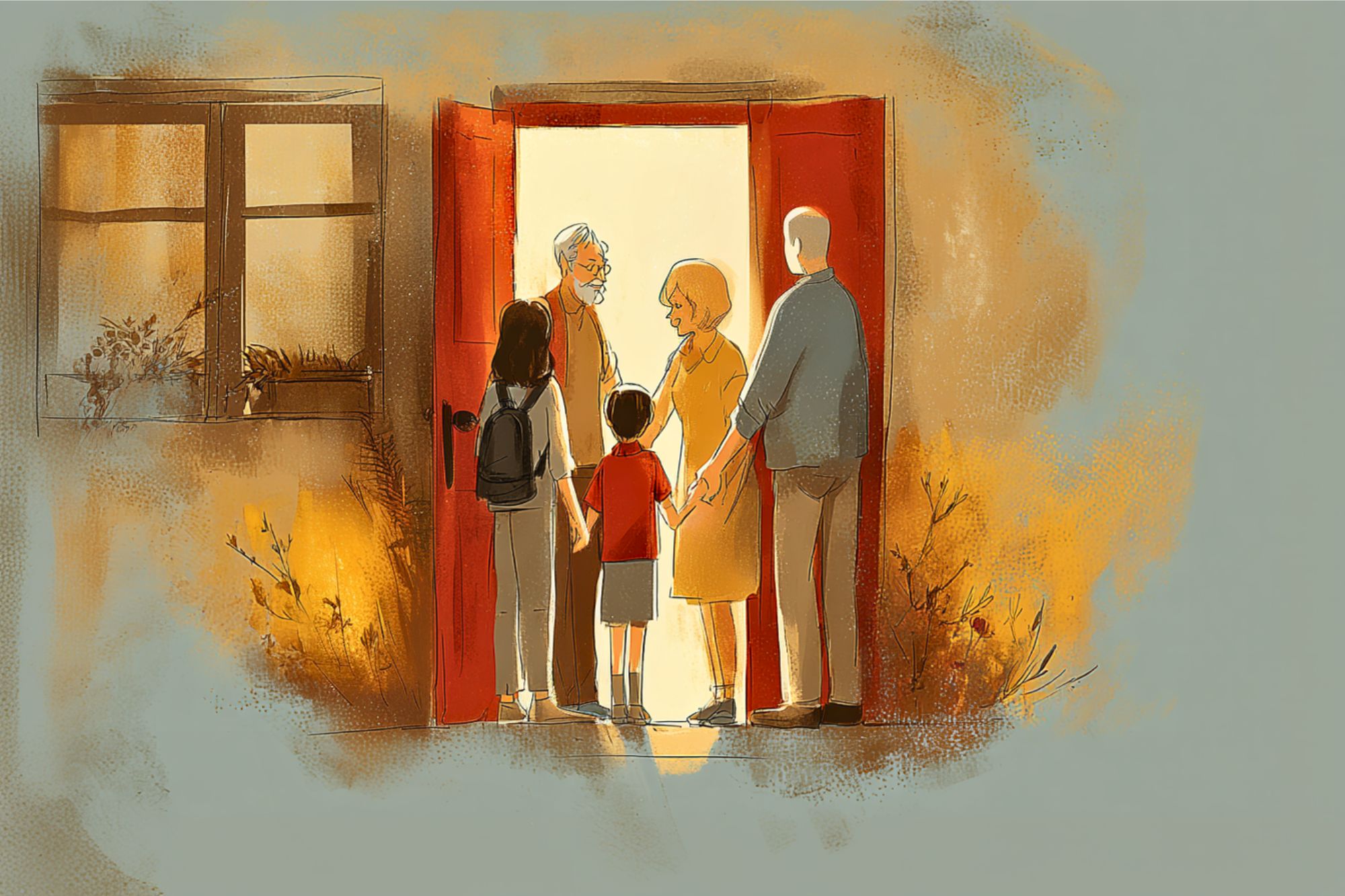An illustration of two adults and two children standing in the warm glow of an open doorway, greeting an older couple inside a house. The scene feels welcoming and filled with light.