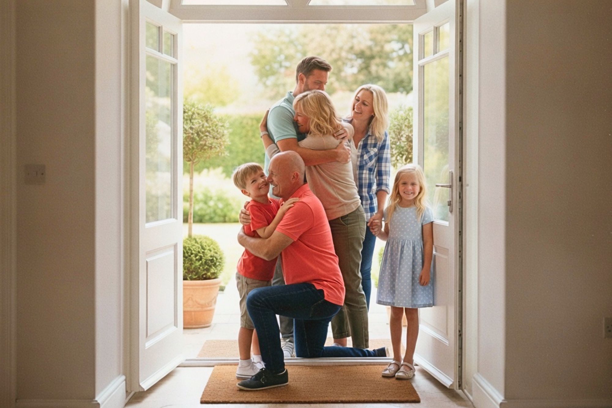 A family warmly greets each other at the front door. Two adults hug, another adult kneels to hug a young boy, while a smiling girl in a light blue dress stands nearby. Sunlight streams through the open door.