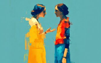 Two women face each other against a blue background, one wearing yellow and the other in red and blue. The image has an abstract, brushstroke style, with parts of their bodies appearing fragmented or pixelated.