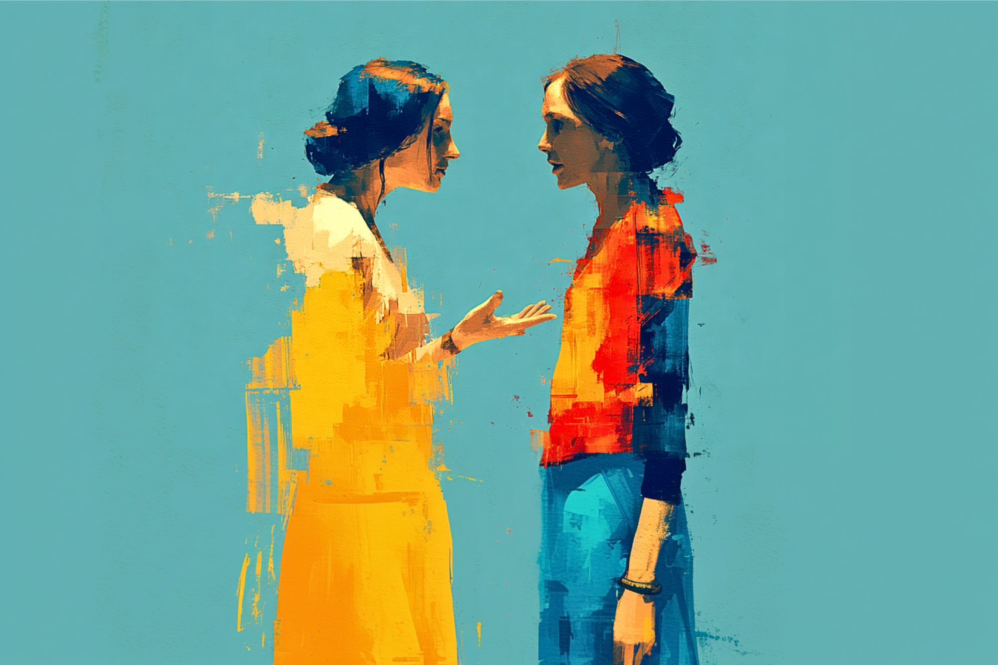 Two women face each other against a blue background, one wearing yellow and the other in red and blue. The image has an abstract, brushstroke style, with parts of their bodies appearing fragmented or pixelated.