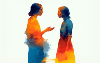 Two women stand facing each other, one gesturing with her hand. The image is stylized with blue and orange watercolor effects blending into their clothing and background.