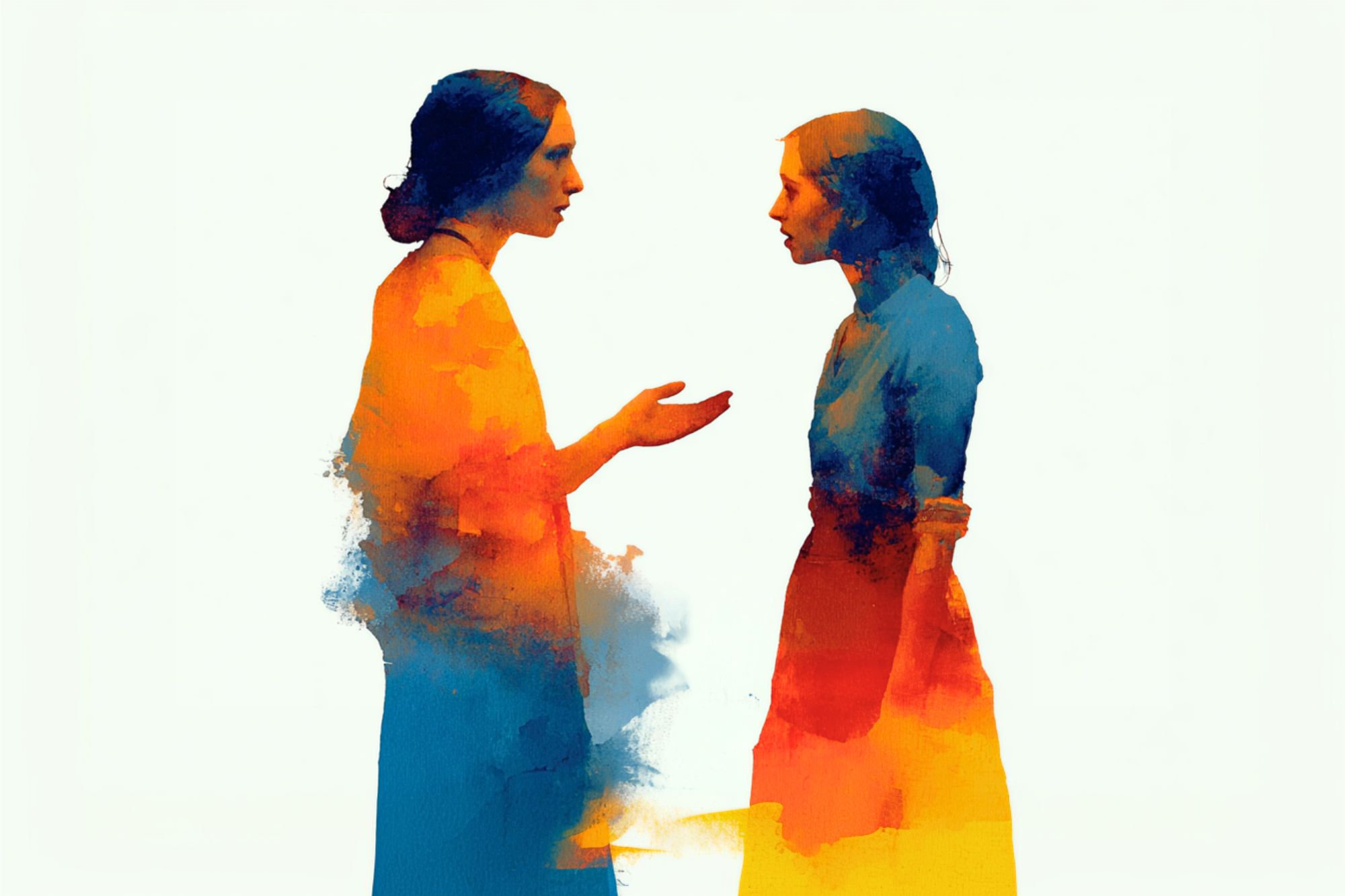 Two women stand facing each other, one gesturing with her hand. The image is stylized with blue and orange watercolor effects blending into their clothing and background.