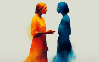 A watercolor-style painting of two women in profile facing each other, one painted in warm orange and yellow tones and the other in cool blue tones.