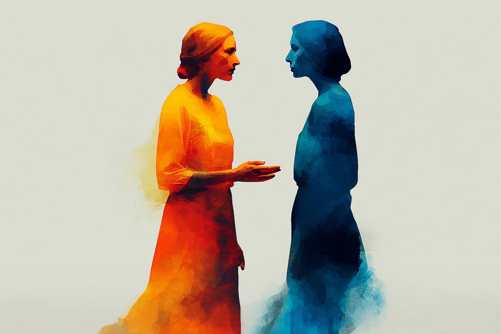 A watercolor-style painting of two women in profile facing each other, one painted in warm orange and yellow tones and the other in cool blue tones.