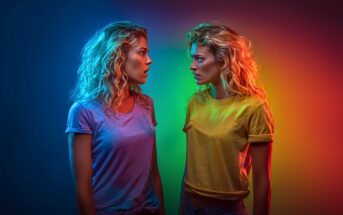 Two women with curly hair face each other against a colorful, gradient background. Both wear casual t-shirts and have surprised expressions, illuminated by vivid blue, red, and yellow lighting.