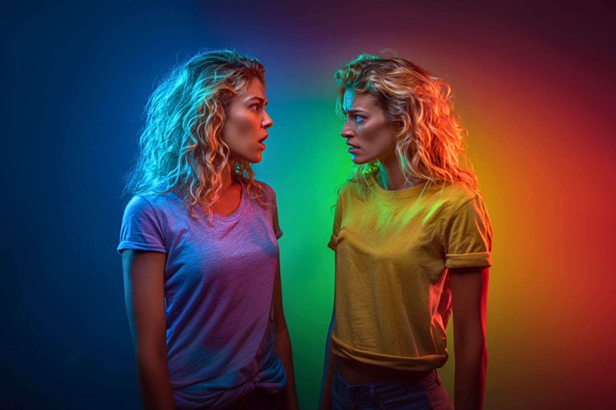 Two women with curly hair face each other against a colorful, gradient background. Both wear casual t-shirts and have surprised expressions, illuminated by vivid blue, red, and yellow lighting.