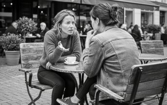 Two women sit at an outdoor café table, engaged in a serious conversation. One gestures expressively with her hand, while the other listens intently. Coffee cups sit on the table. The scene is in black and white.