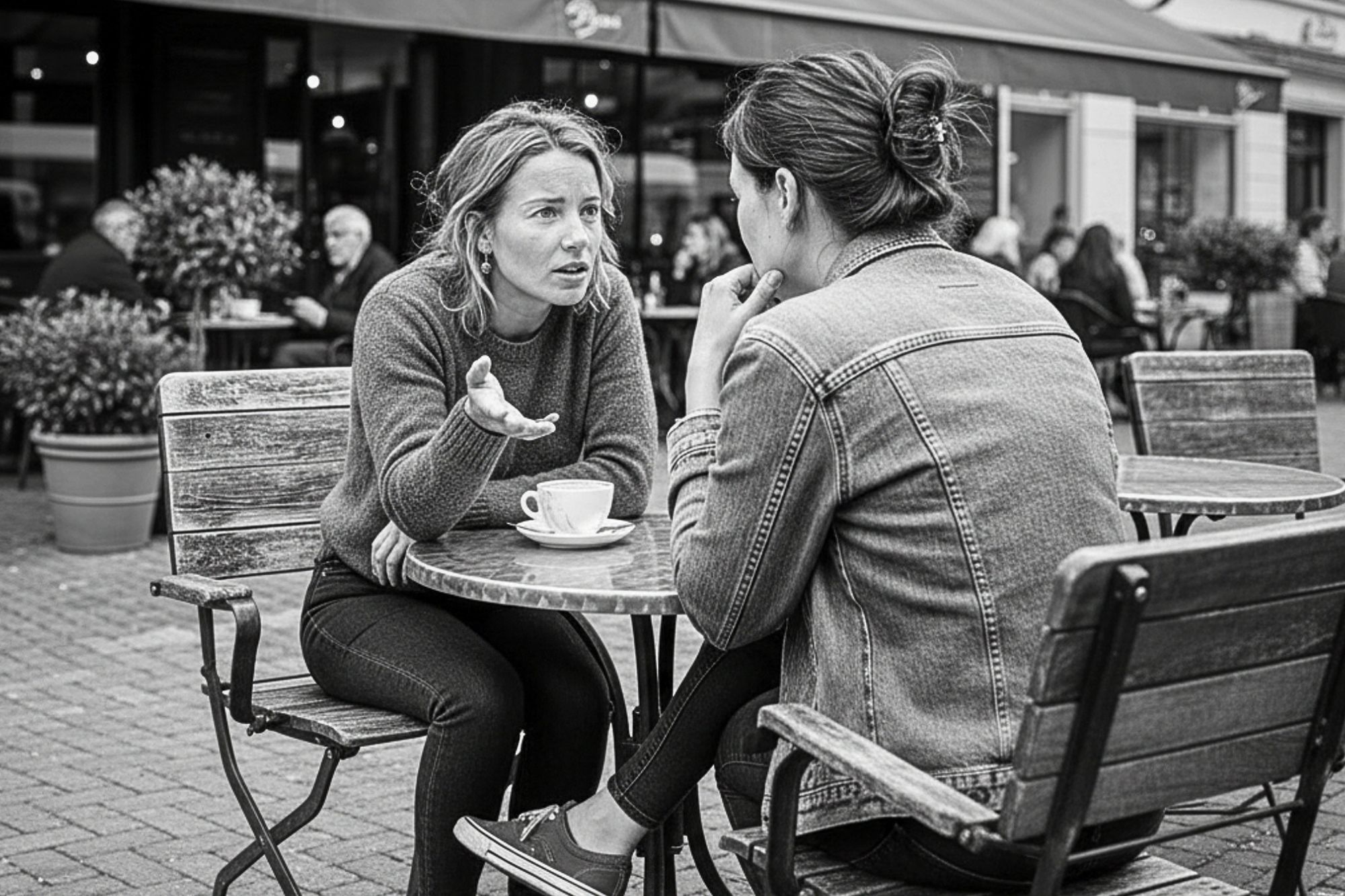 Two women sit at an outdoor café table, engaged in a serious conversation. One gestures expressively with her hand, while the other listens intently. Coffee cups sit on the table. The scene is in black and white.