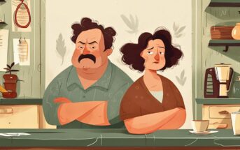 An illustration of a man and woman with serious, upset expressions, standing side by side in a kitchen with their arms crossed. The background features kitchen shelves, plants, a coffee maker, and cups on the counter.