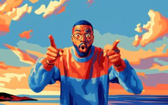 A colorful digital painting of a surprised man with glasses and a beard, wearing a blue and orange sweater, pointing both fingers forward against a vibrant sunset sky with clouds over the ocean.