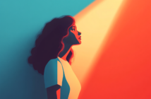 A woman with wavy hair stands in profile, looking upward into a bright, warm beam of light against a vibrant blue and orange background, evoking a sense of hope and contemplation.