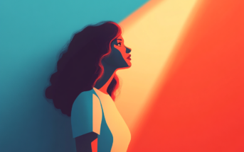 A woman with wavy hair stands in profile, looking upward into a bright, warm beam of light against a vibrant blue and orange background, evoking a sense of hope and contemplation.