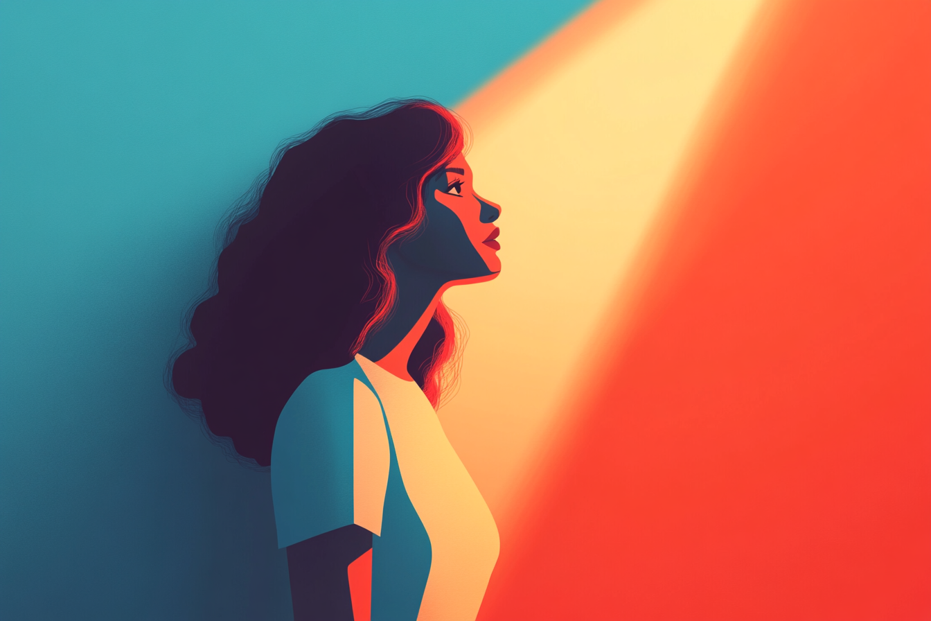 A woman with wavy hair stands in profile, looking upward into a bright, warm beam of light against a vibrant blue and orange background, evoking a sense of hope and contemplation.