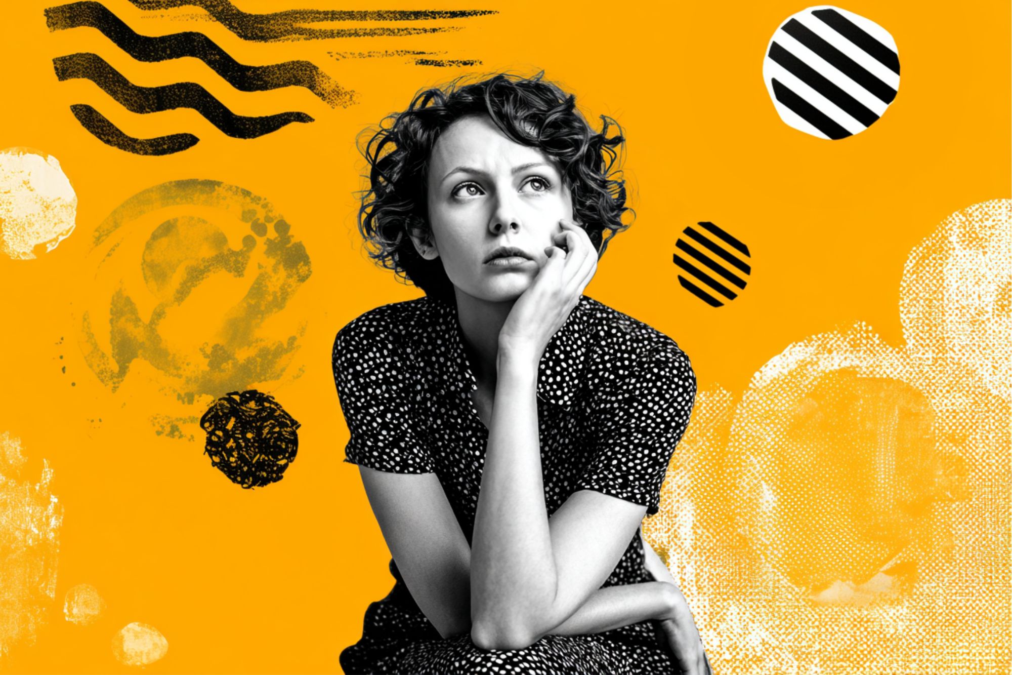 A woman with short curly hair and a polka-dot dress sits with her chin on her hand, looking thoughtful. The background is bright yellow with abstract black and white shapes and patterns.