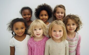 Seven young girls stand close together, smiling at the camera. They have different hair types and colors, and wear light-colored tops, with one in a bright pink shirt. The background is plain and white.