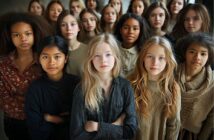 A diverse group of teenage girls stand closely together, facing forward with serious expressions. They wear neutral-colored clothing and have a range of hair types and skin tones, conveying unity and strength.
