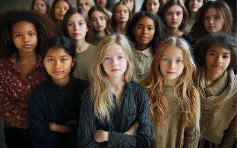 A diverse group of teenage girls stand closely together, facing forward with serious expressions. They wear neutral-colored clothing and have a range of hair types and skin tones, conveying unity and strength.