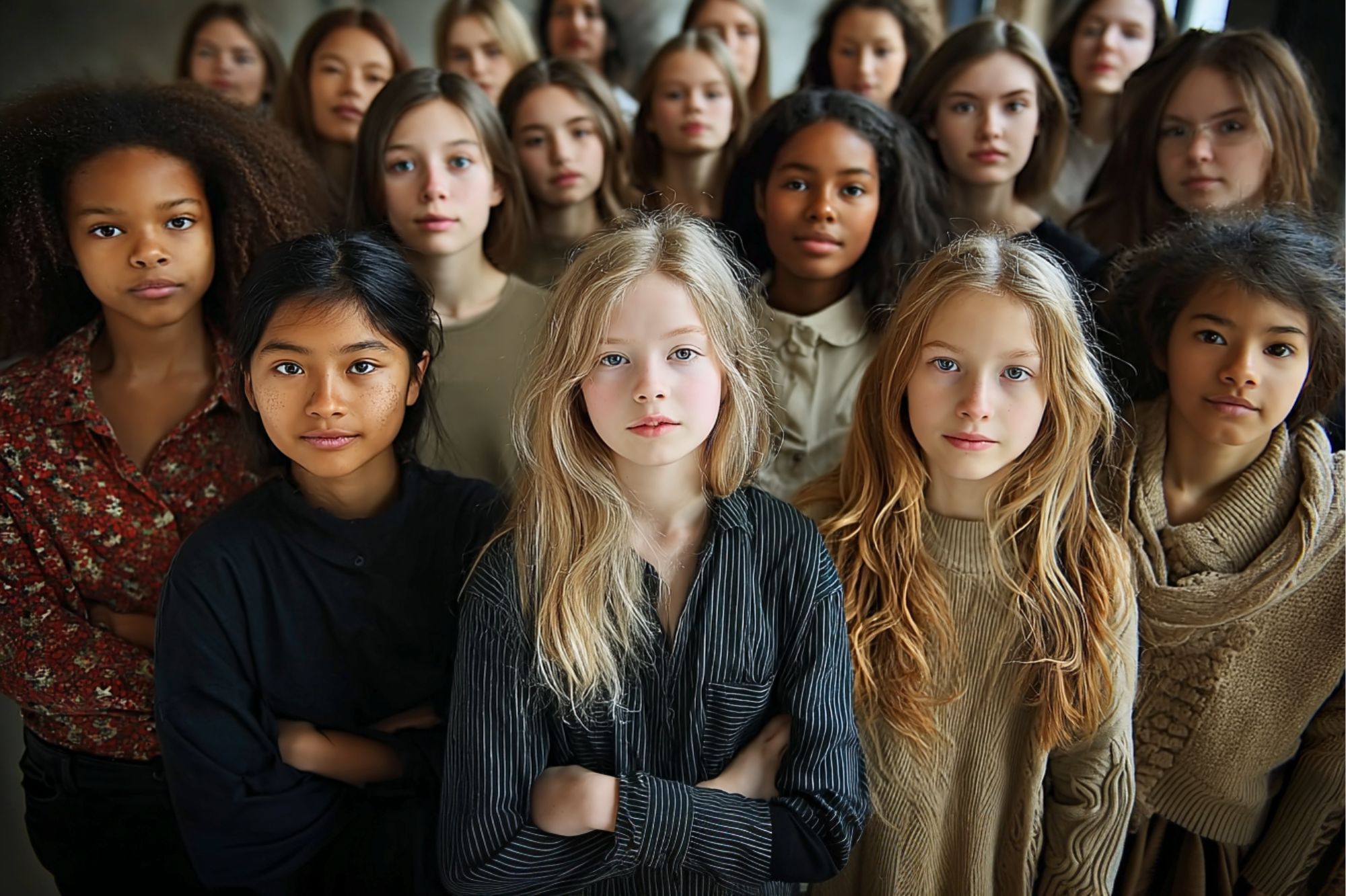 A diverse group of teenage girls stand closely together, facing forward with serious expressions. They wear neutral-colored clothing and have a range of hair types and skin tones, conveying unity and strength.