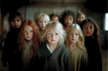 A group of diverse young children with serious expressions stand closely together indoors, wearing neutral-colored clothing. The focus is on the child in front, with blonde hair and blue eyes. The background is softly blurred.
