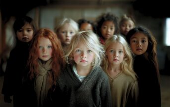 A group of diverse young children with serious expressions stand closely together indoors, wearing neutral-colored clothing. The focus is on the child in front, with blonde hair and blue eyes. The background is softly blurred.