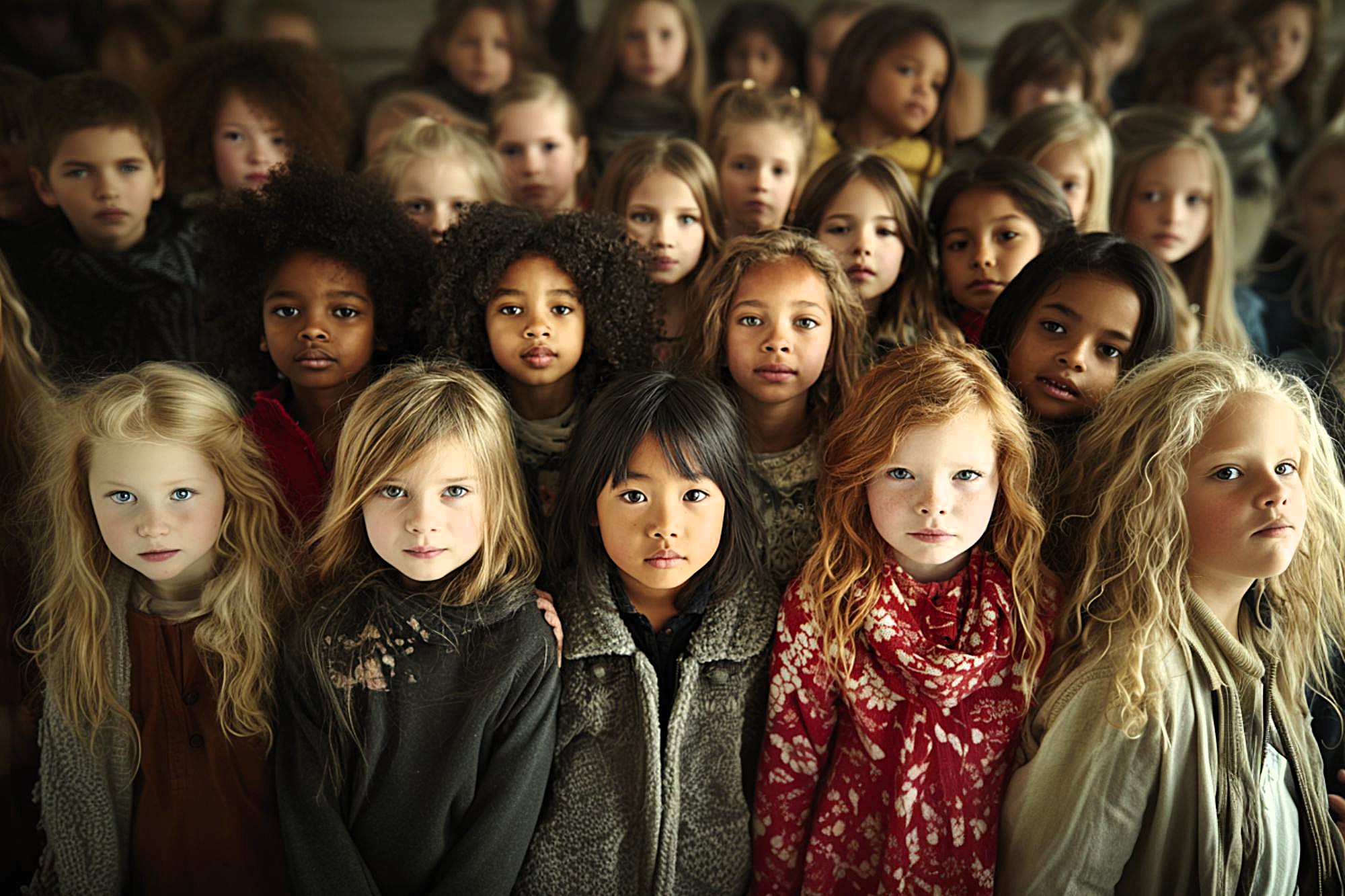 A large group of diverse young girls stand close together, facing the camera with serious expressions, dressed in various winter clothes with different hair colors and styles.