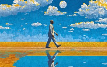 A man walks along a bright, golden path under a blue sky with clouds, depicted in a mosaic art style. His reflection is visible in a pool of water below. The scene is vibrant and surreal.