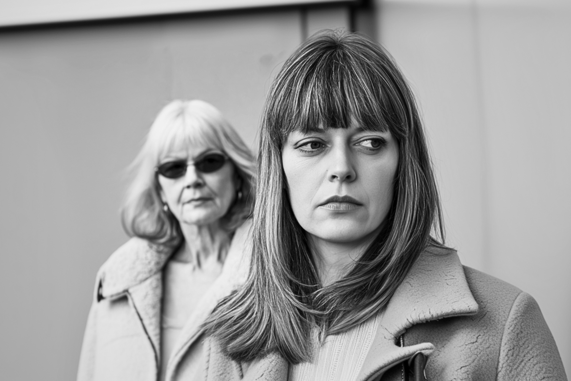 A younger woman with straight hair looks away pensively in the foreground, while an older woman wearing sunglasses stands behind her, both dressed in coats. The image is in black and white.