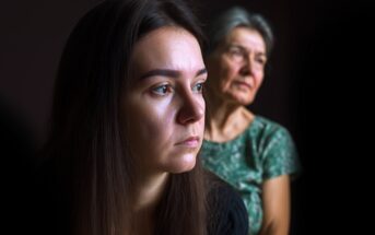 A young woman with long brown hair looks serious and pensive, sitting in the foreground. An older woman with short gray hair, wearing a green top, sits blurred in the background, also appearing thoughtful.