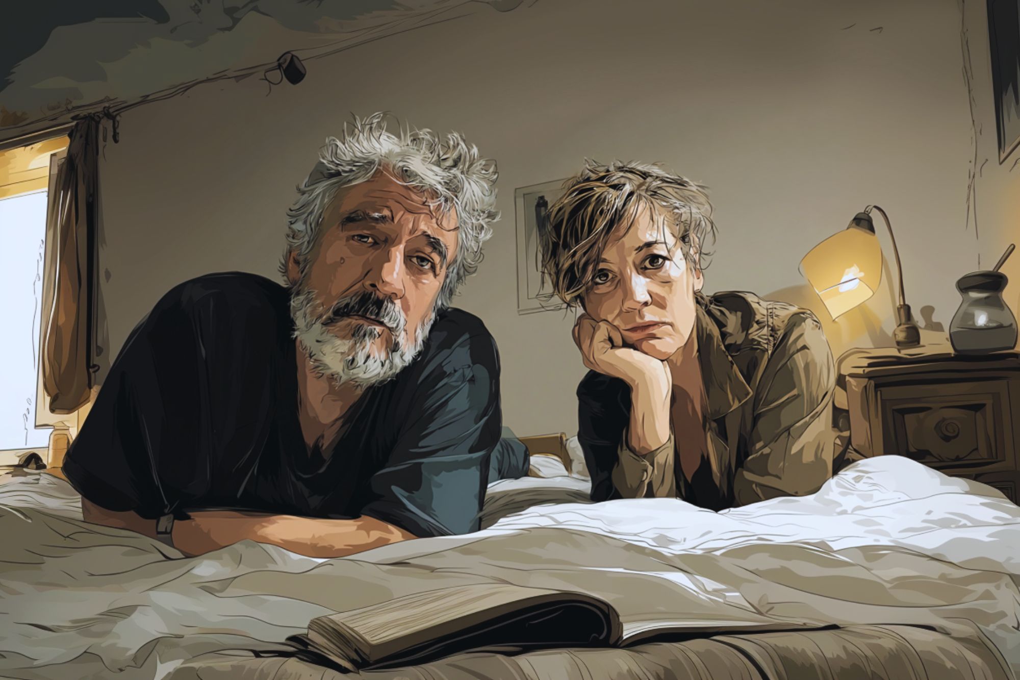 A middle-aged man and woman with gray hair lie on a bed, looking thoughtfully at the camera. An open book rests in front of them, and soft warm light fills the cozy bedroom.