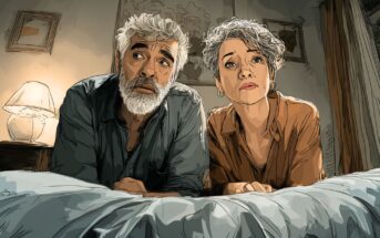 An illustrated older couple with gray hair sits side by side on a bed, looking forward with serious expressions. A lamp and framed pictures are visible in the softly lit bedroom background.