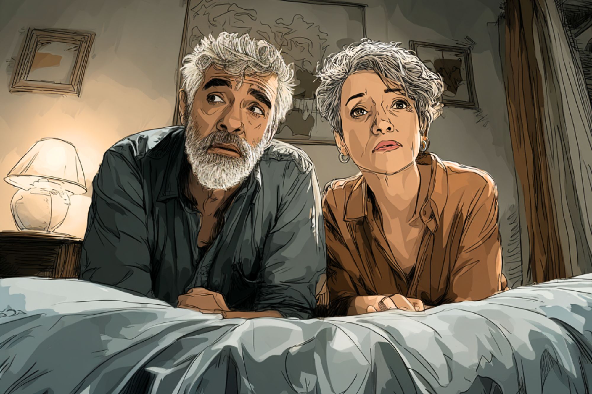 An illustrated older couple with gray hair sits side by side on a bed, looking forward with serious expressions. A lamp and framed pictures are visible in the softly lit bedroom background.