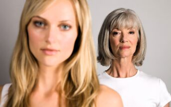 A young woman with long blonde hair stands in the foreground, slightly out of focus, while an older woman with gray hair and a white shirt stands in focus in the background, both looking toward the camera.