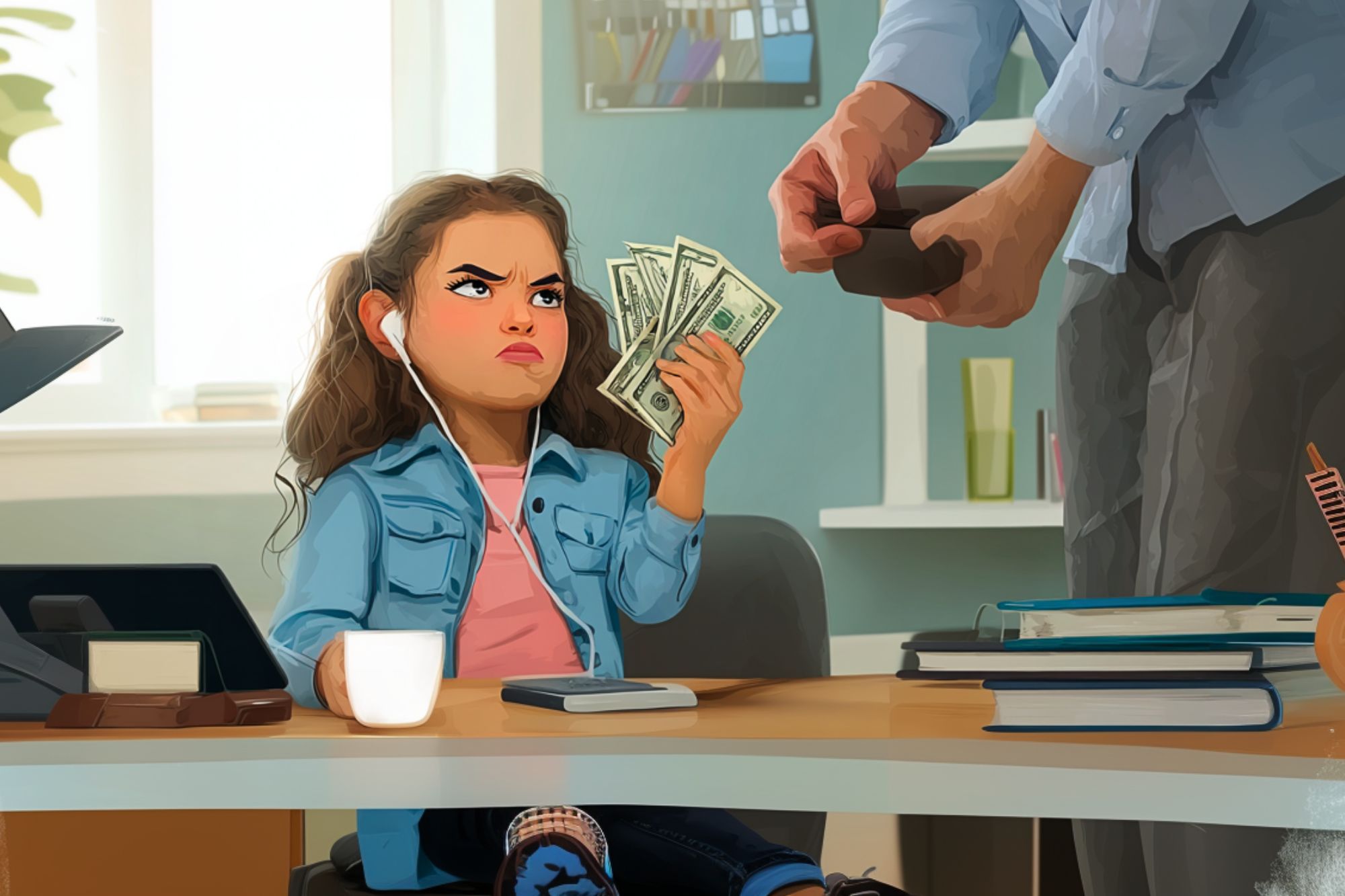 A young girl with earbuds and a serious expression sits at a desk, holding a fan of cash. An adult’s hand holds out an open wallet toward her. Books and a mug are on the desk in a bright room.