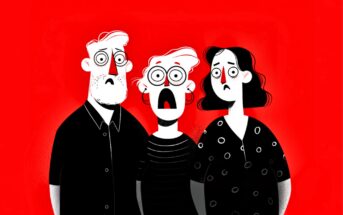Three cartoon people with wide eyes and shocked, worried expressions stand together against a bright red background.